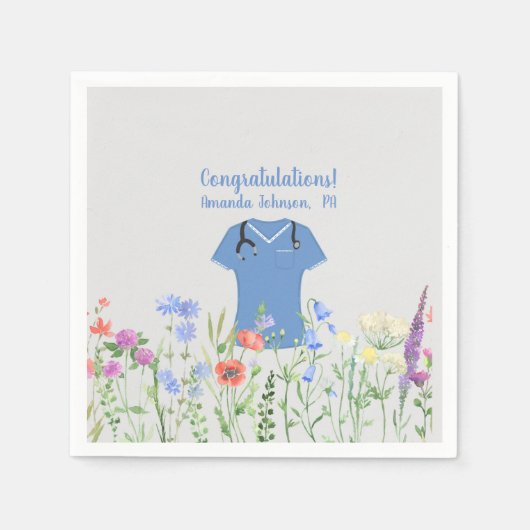 PAパーソナライズされた医師アシスタントの青いスクラブ スタンダードカクテルナプキン (正面)