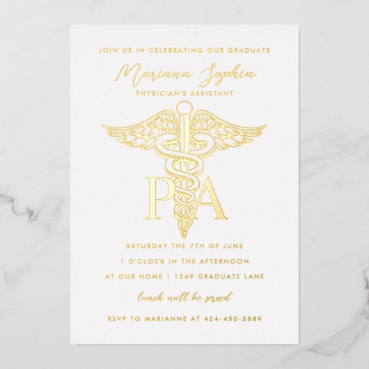 PA医師のアシスタントCADUCEUS卒業金ゴールド 箔招待状 (正面)