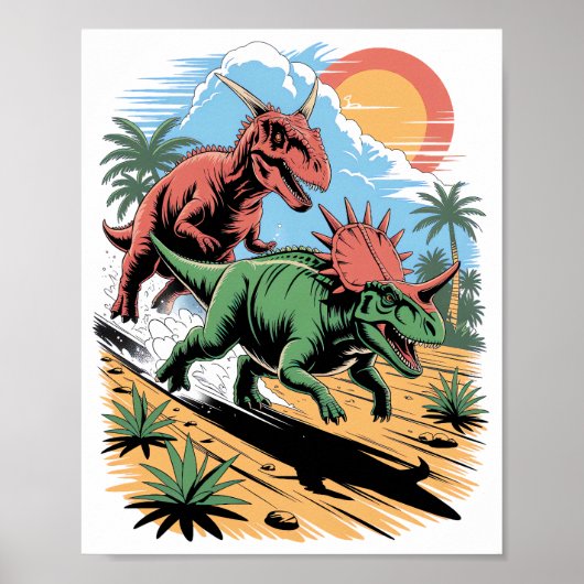 Pachyrhinosaurus racing past a Carnotaurus ポスター (正面)