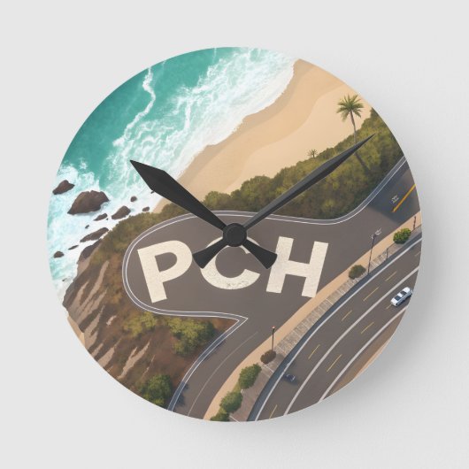 Pacific Coast Highway Aerial Travel Art ラウンド壁時計 (正面)