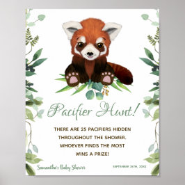 Pacifier Hunt Game Baby Shower Sign Red Panda Bear ポスター
