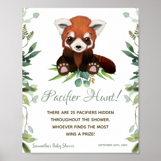 Pacifier Hunt Game Baby Shower Sign Red Panda Bear ポスター (正面)