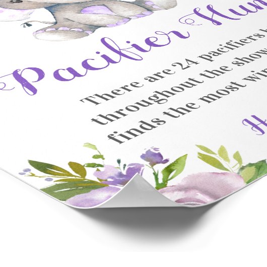 Pacifier Hunt Lavender Girl Elephant Baby Shower ポスター (角)