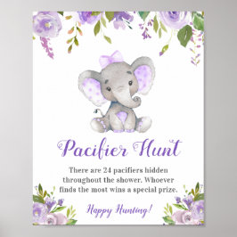 Pacifier Hunt Lavender Girl Elephant Baby Shower ポスター