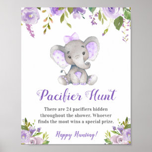 Pacifier Hunt Lavender Girl Elephant Baby Shower ポスター