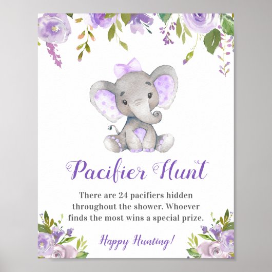 Pacifier Hunt Lavender Girl Elephant Baby Shower ポスター (正面)
