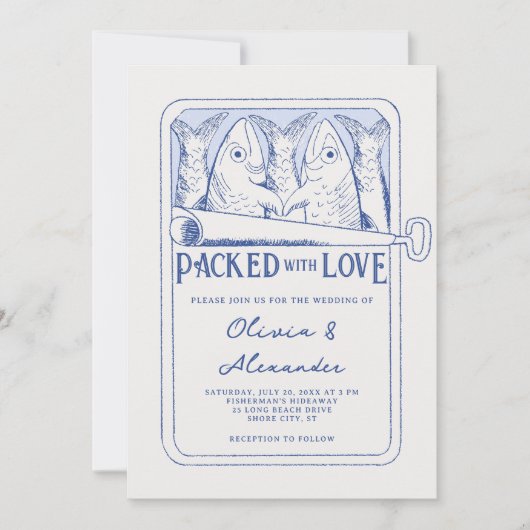 Packed with Love Hand Drawn Sardines Wedding 招待状 (正面)