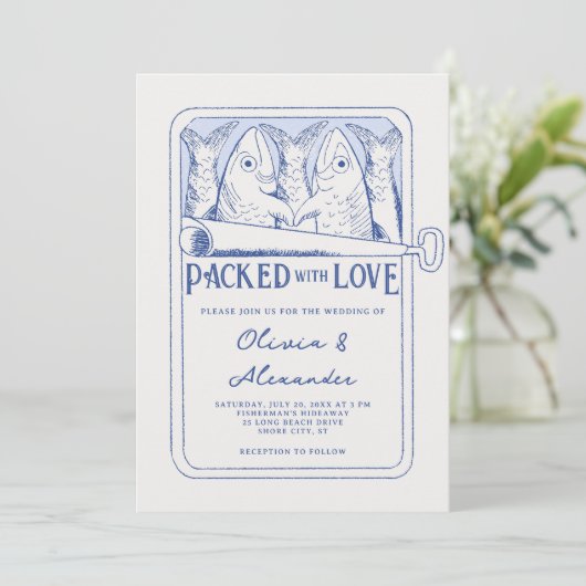 Packed with Love Hand Drawn Sardines Wedding 招待状 (スタンド正面)