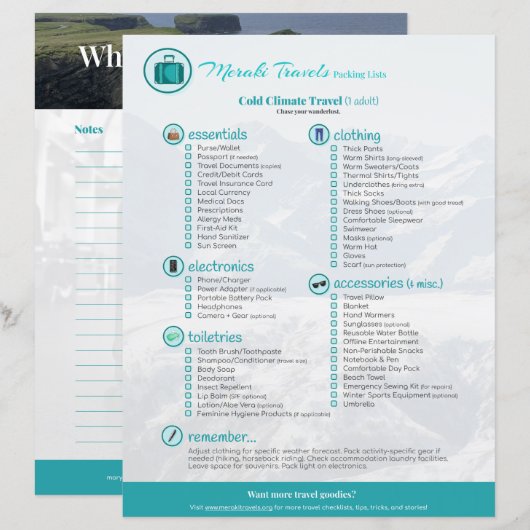 Packing List: Cold Climate Travel (1 Adult) (正面/裏面)