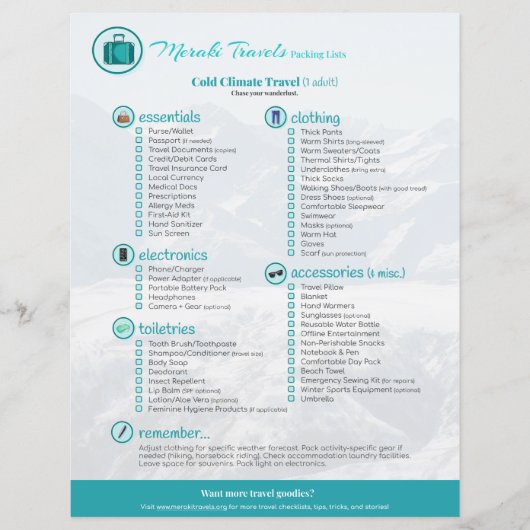 Packing List: Cold Climate Travel (1 Adult) (正面)