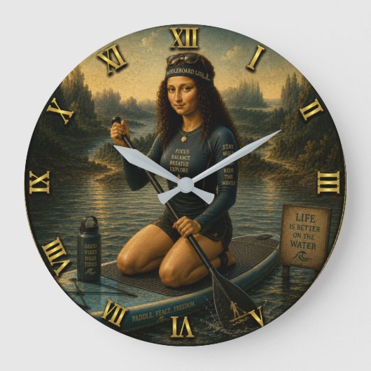 Paddleboard Funny Mona Lisa SUP Gift for Paddle ラージ壁時計 (正面)