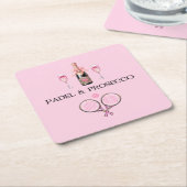 PADEL COASTER: PADEL & PROSECCO CLASSIC PINK/BLACK スクエアペーパーコースター (アングル)