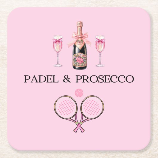 PADEL COASTER: PADEL & PROSECCO CLASSIC PINK/BLACK スクエアペーパーコースター (正面)