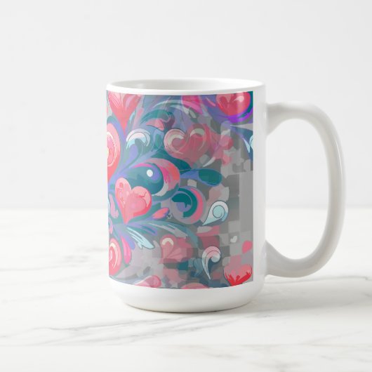 Padrão de corações em movimento, vermelho e azul. コーヒーマグカップ (右)