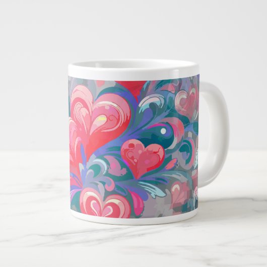 Padrão de corações em movimento, vermelho e azul. ジャンボコーヒーマグカップ (正面右)