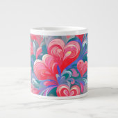 Padrão de corações em movimento, vermelho e azul. ジャンボコーヒーマグカップ (正面)