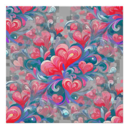 Padrão de corações em movimento, vermelho e azul. ポスター