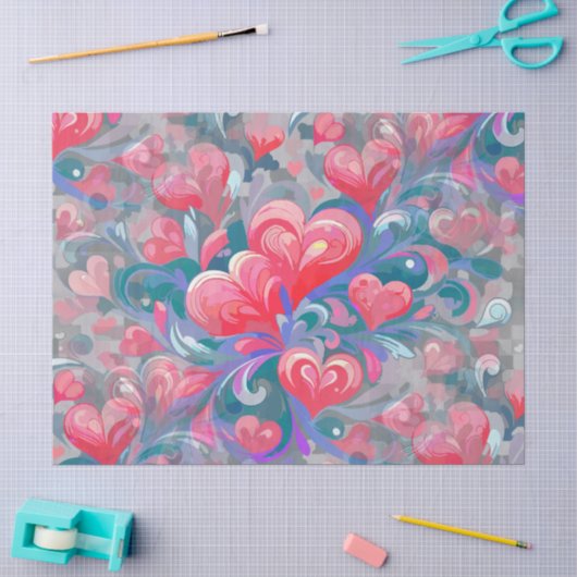 Padrão de corações em movimento, vermelho e azul. 薄葉紙 (クラフト)