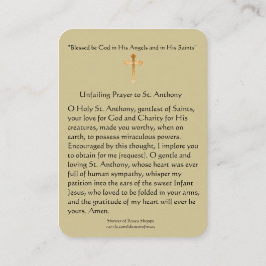 Paduのセントアンソニーへの常に変わらない祈りの言葉 名刺 (裏面)