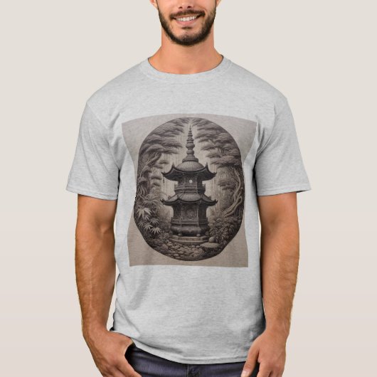 Pagoda Asiática en Bosque Tropical en Ilustración  Tシャツ (正面)