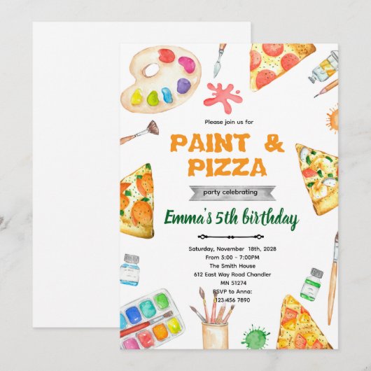 Paint and Pizza theme invite 招待状 (正面/裏面)