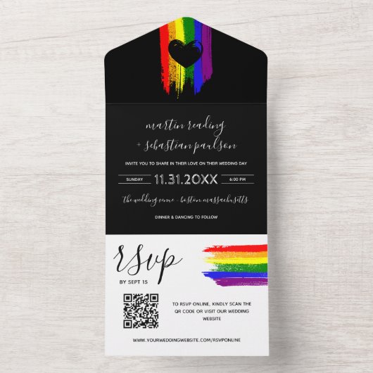 Paint Strokes Pride Flag & Black Heart QR RSVP オールインワン招待状 (内側)