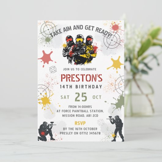 Paintball Birthday Invitation Take Aim & Get Ready 招待状 (スタンド正面)