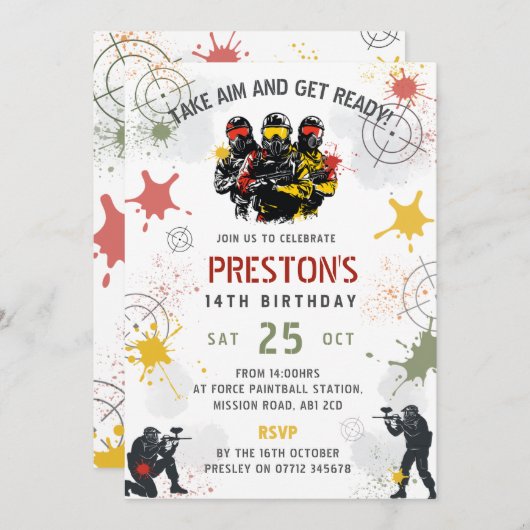 Paintball Birthday Invitation Take Aim & Get Ready 招待状 (正面/裏面)