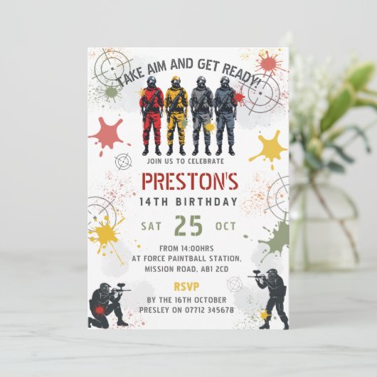 Paintball Birthday Invitation Take Aim & Get Ready 招待状 (スタンド正面)