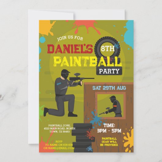 Paintball Birthday Invite Boys Paint Any Age Party 招待状 (正面)