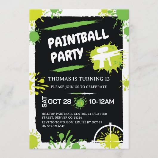 Paintball Birthday Party 招待状 (正面)