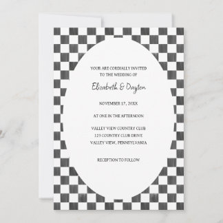 Painted Black and White Check Pattern Wedding 招待状