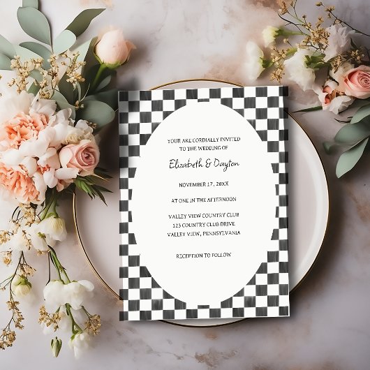 Painted Black and White Check Pattern Wedding 招待状