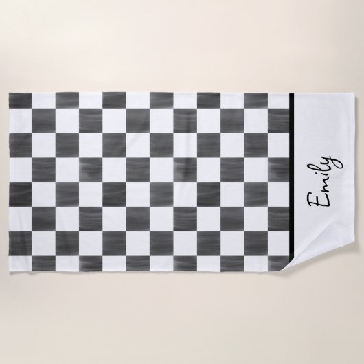 Painted Black Checkerboard Pattern Personalized ビーチタオル (正面)