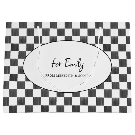 Painted Black Checkerboard Pattern Personalized ラージペーパーバッグ (正面)