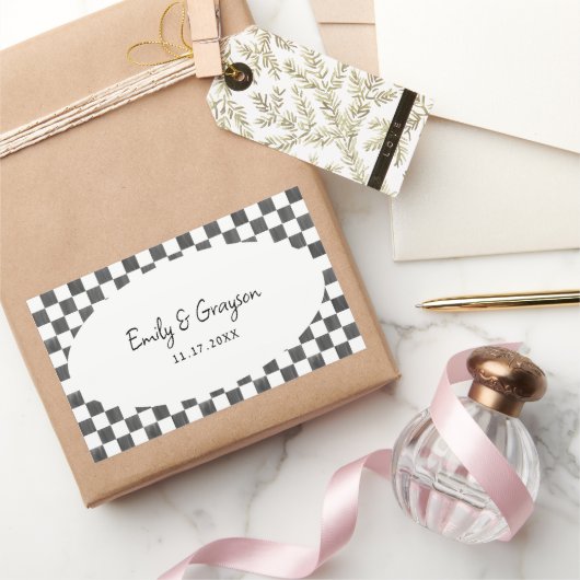 Painted Black Checkerboard Pattern Wedding 長方形シール (ギフト)