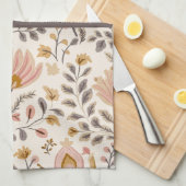 Painted Floral Folk Art and Stripe キッチンタオル (四つ折り)