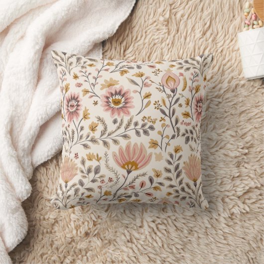 Painted Floral Folk Art Pattern クッション (ブランケット)