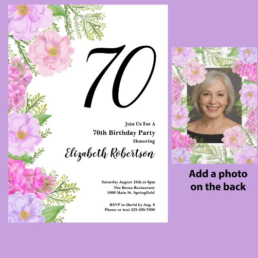 Painted Flower Custom Photo Template 70th Birthday 招待状