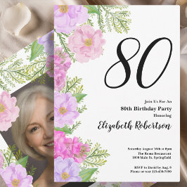 Painted Flower Custom Photo Template 80th Birthday 招待状