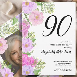 Painted Flower Custom Photo Template 90th Birthday 招待状