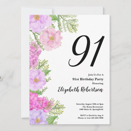 Painted Flower Custom Photo Template 94th Birthday 招待状 (正面)