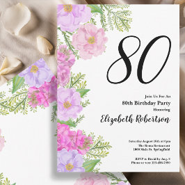 Painted Flowers and Ferns 80th Birthday Invitation 招待状