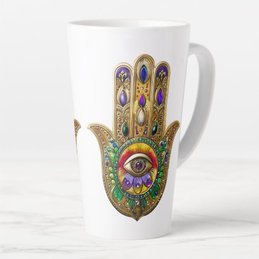 Painted Gold Hamsa Amethyst Ruby Third Eye カフェラテマグ (右アングル)