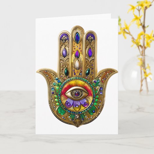 Painted Gold Hamsa Amethyst Ruby Third Eye カード (黄色い花)