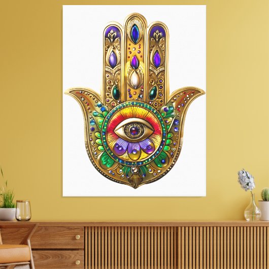 Painted Gold Hamsa Amethyst Ruby Third Eye キャンバスプリント (インサイチュ (リビング))