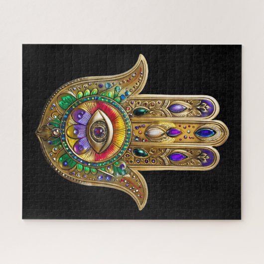 Painted Gold Hamsa Amethyst Ruby Third Eye ジグソーパズル (横)