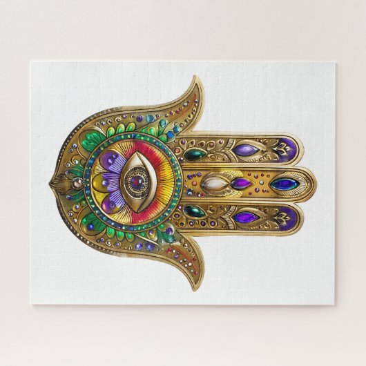 Painted Gold Hamsa Amethyst Ruby Third Eye ジグソーパズル (横)