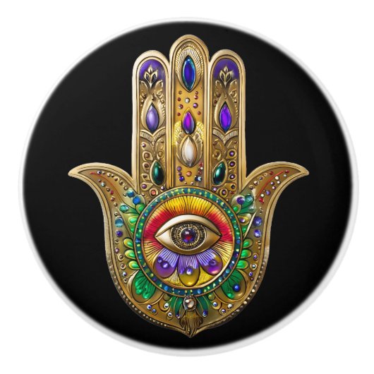 Painted Gold Hamsa Amethyst Ruby Third Eye セラミックノブ (正面)