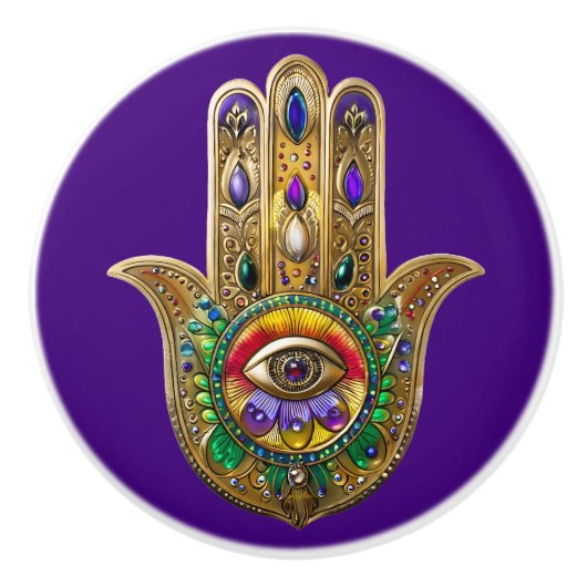 Painted Gold Hamsa Amethyst Ruby Third Eye セラミックノブ (正面)